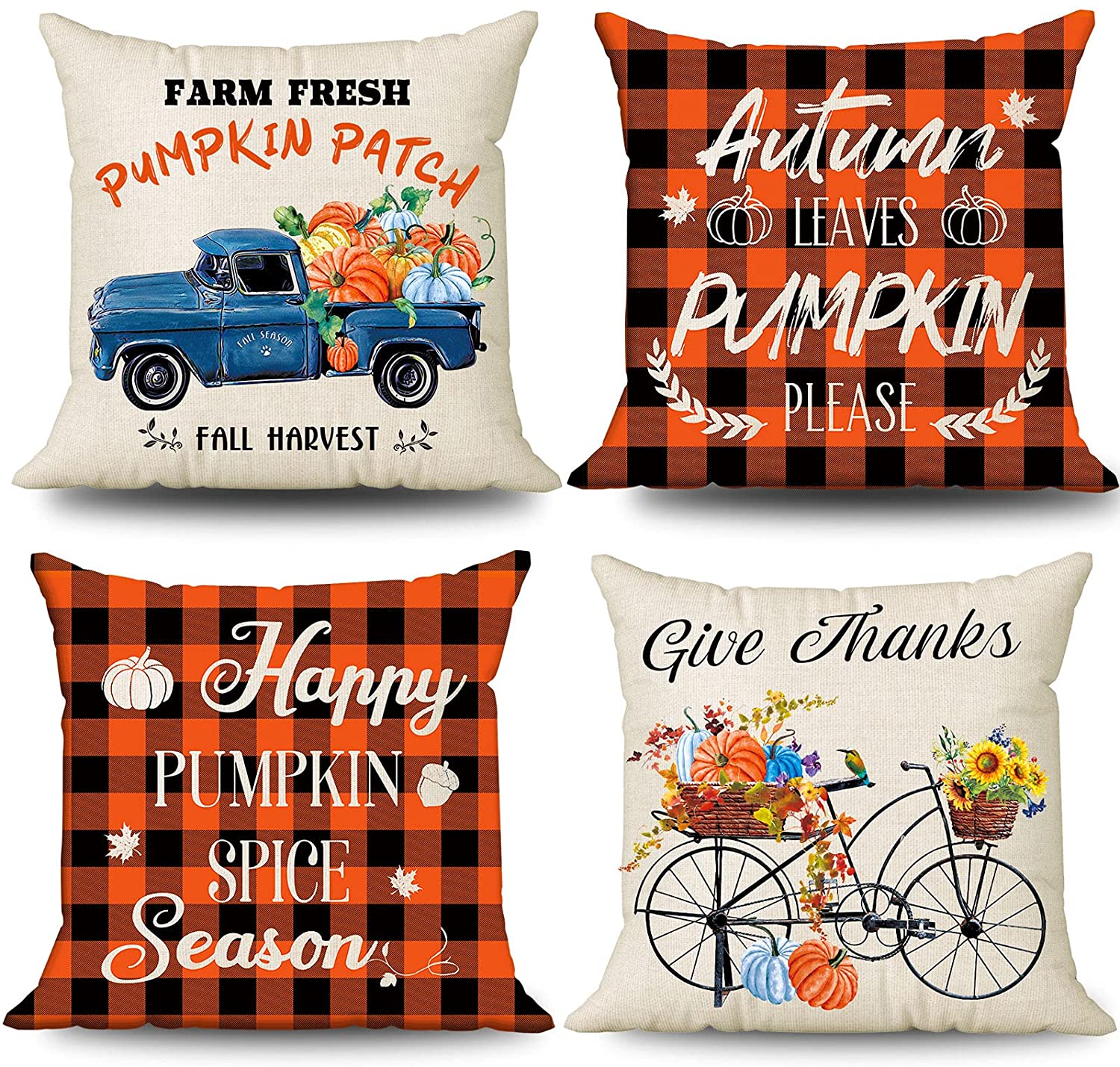 4 Pcs Thanksgiving Pillow Covers 18 x 18 (Truck, Bicycle)