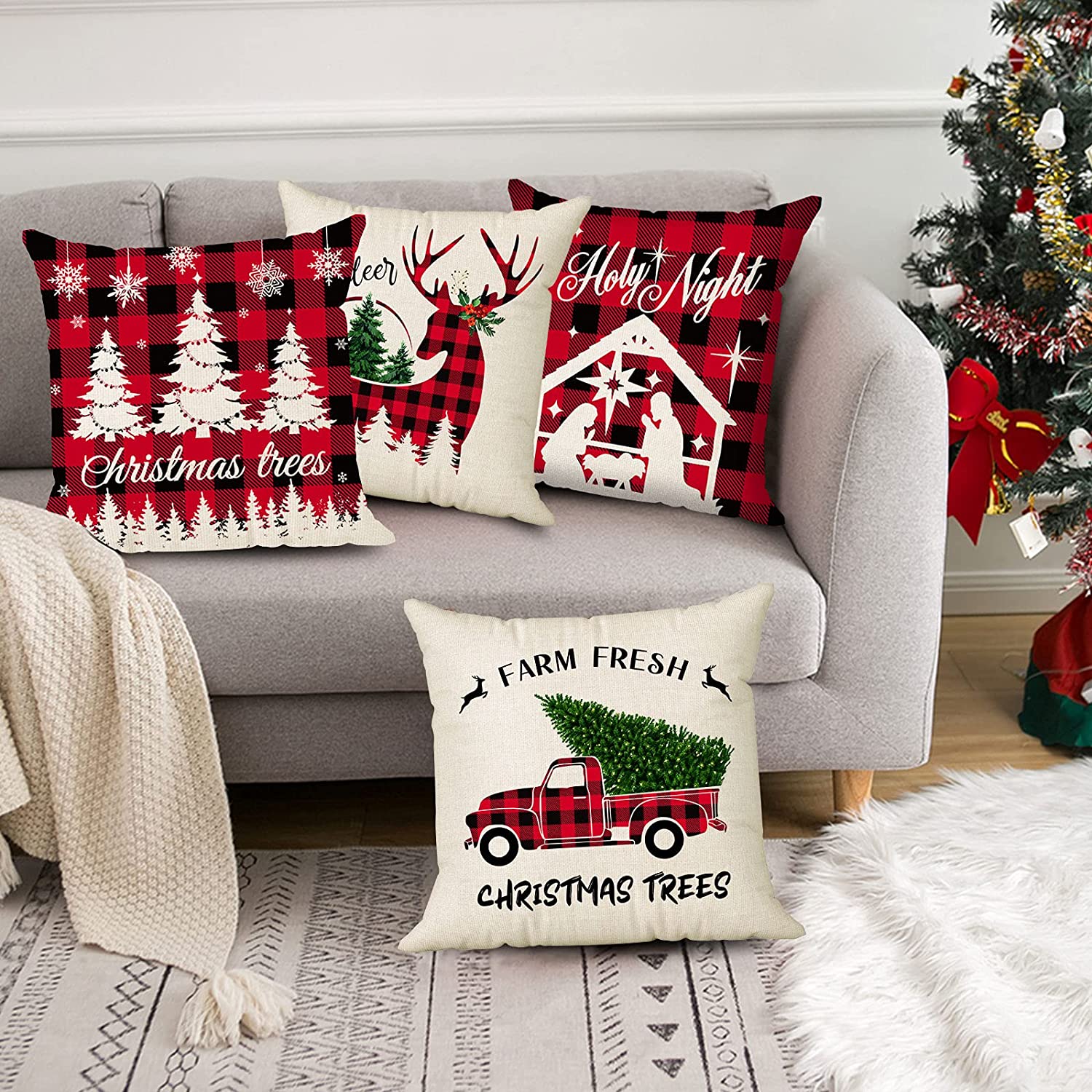Set of 4 Farmhouse Christmas Pillow Covers 18 x 18 with 4 Bonus Coasters (Tree, Reindeer)