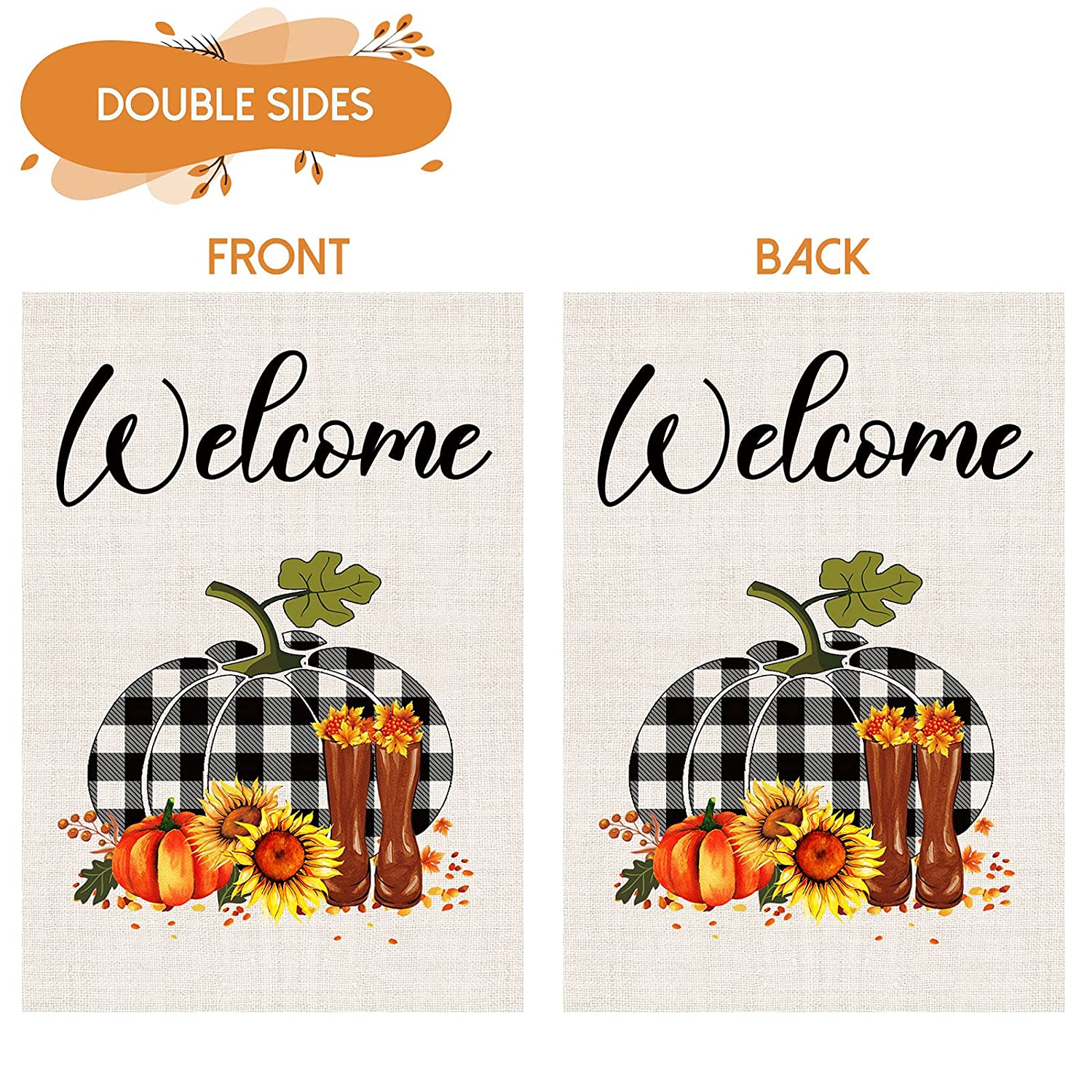 2 Pcs Welcome Fall Garden Flags 12x18 Double Sided, Burlap Buffalo Plaid Pumpkin Sunflowers And Happy Fall Gnome Thanksgiving Garden Flags, Outdoor Yard Decors for Pumpkin Patch Farmhouse