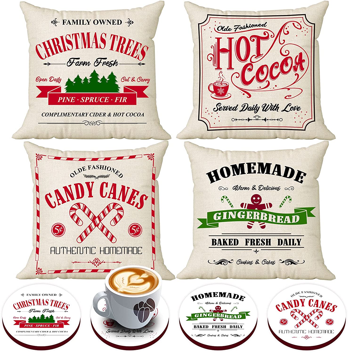 Set of 4 White Christmas Pillow Covers 18x18 with 4 Bonus Coasters (Candy, Gingerbread)