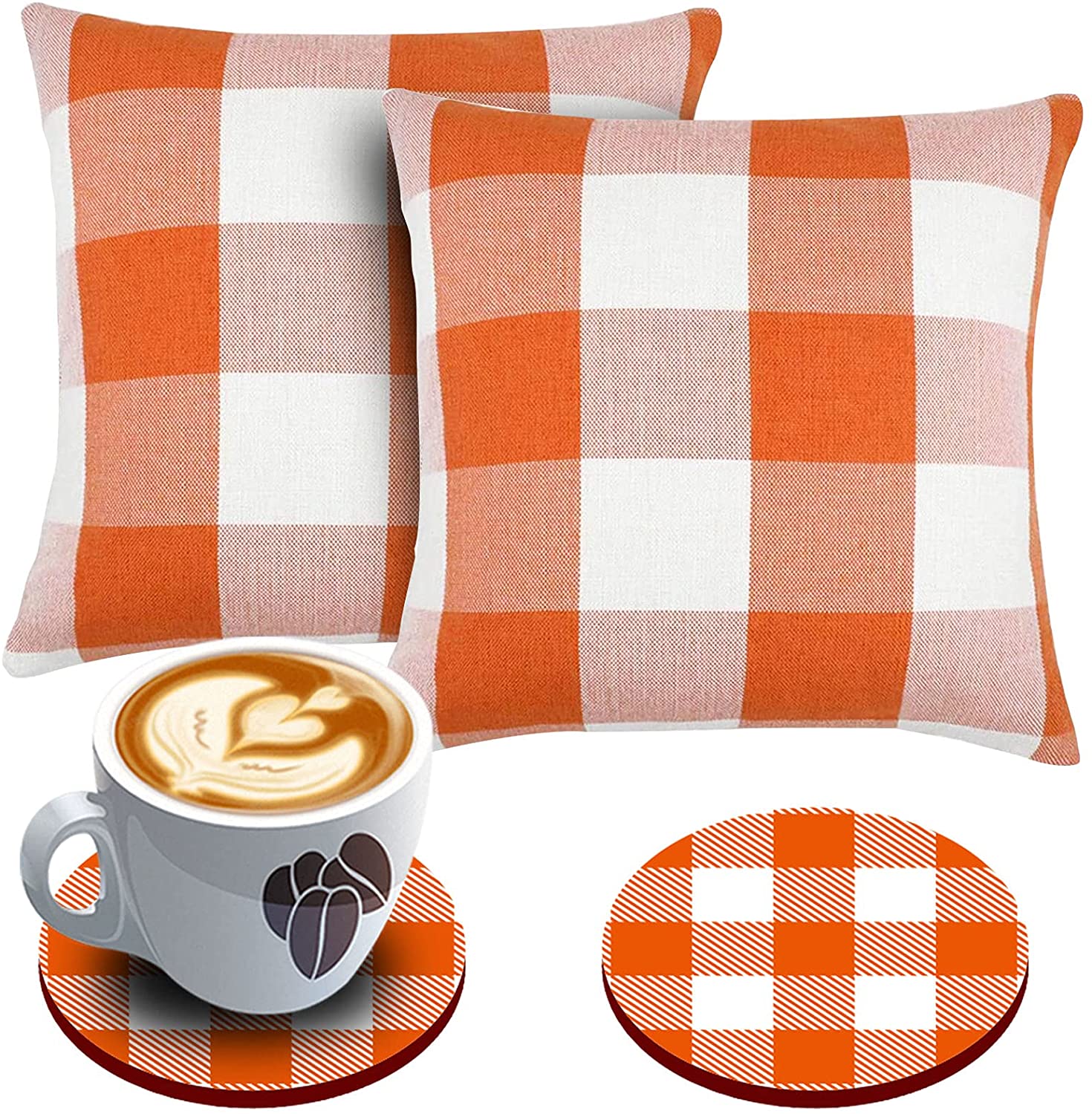 Set of 2 Buffalo Check Pillow Covers 18 x 18 with 2 Bonus Coasters (Orange & White)