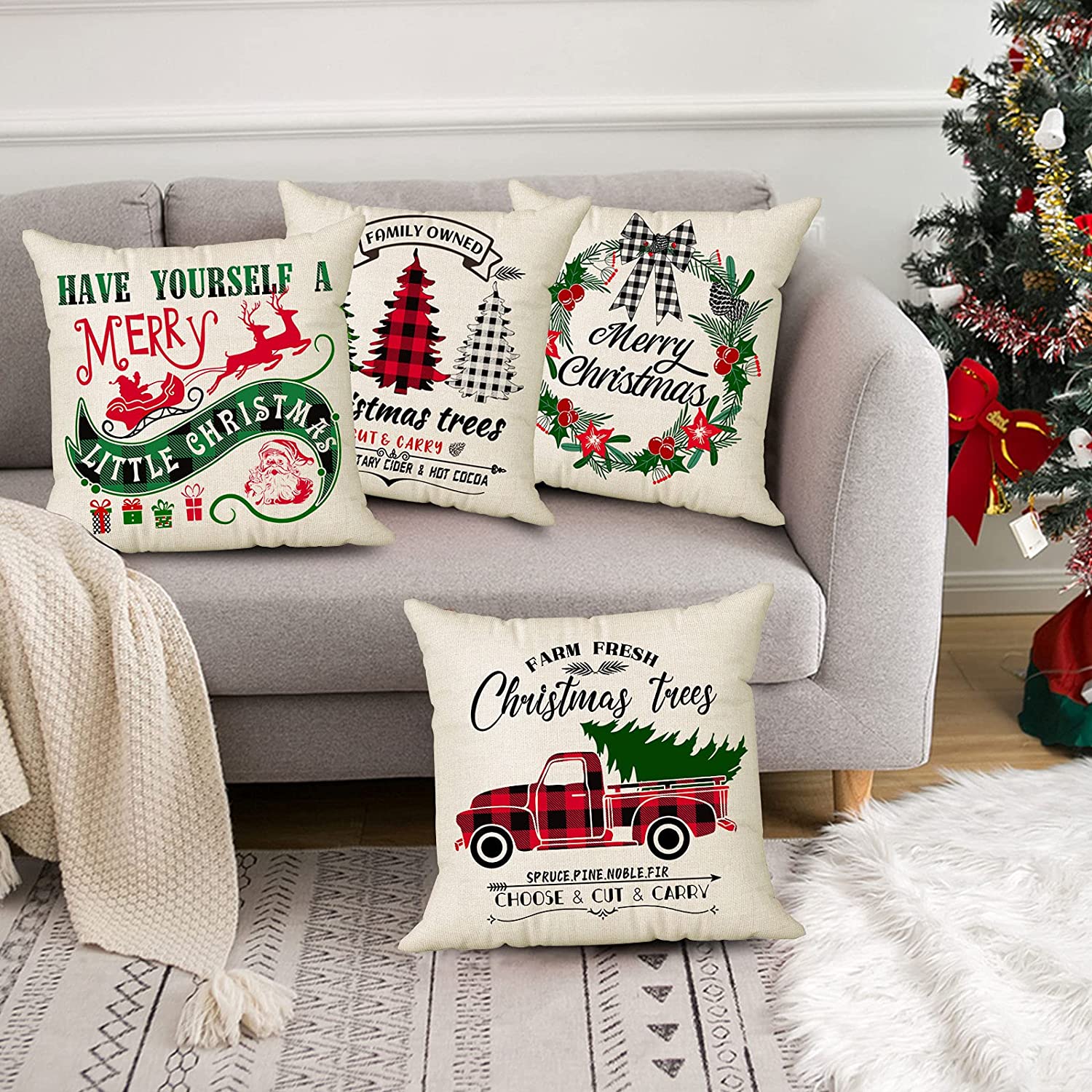 Set of 4 Christmas Pillow Covers 18 x 18 with 4 Bonus Coasters (Truck, Wreath)