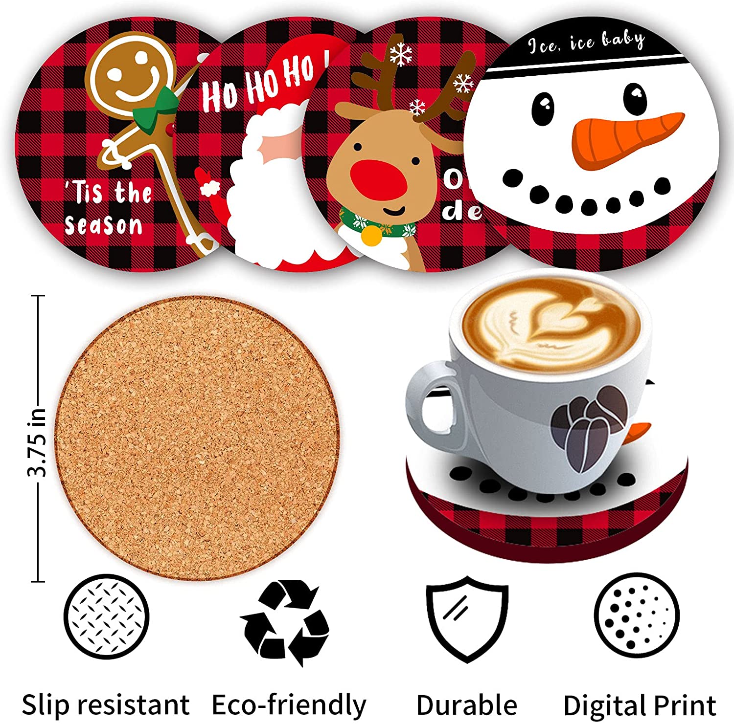 Set of 4 Buffalo Plaid Christmas Pillow Covers 18 x 18 with 4 Bonus Coasters (Snowman, Santa)