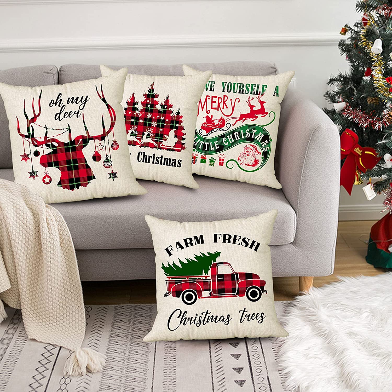 Set of 4 Farmhouse Christmas Pillow Covers 18 x 18 with 4 Bonus Coasters (Reindeer, Truck)
