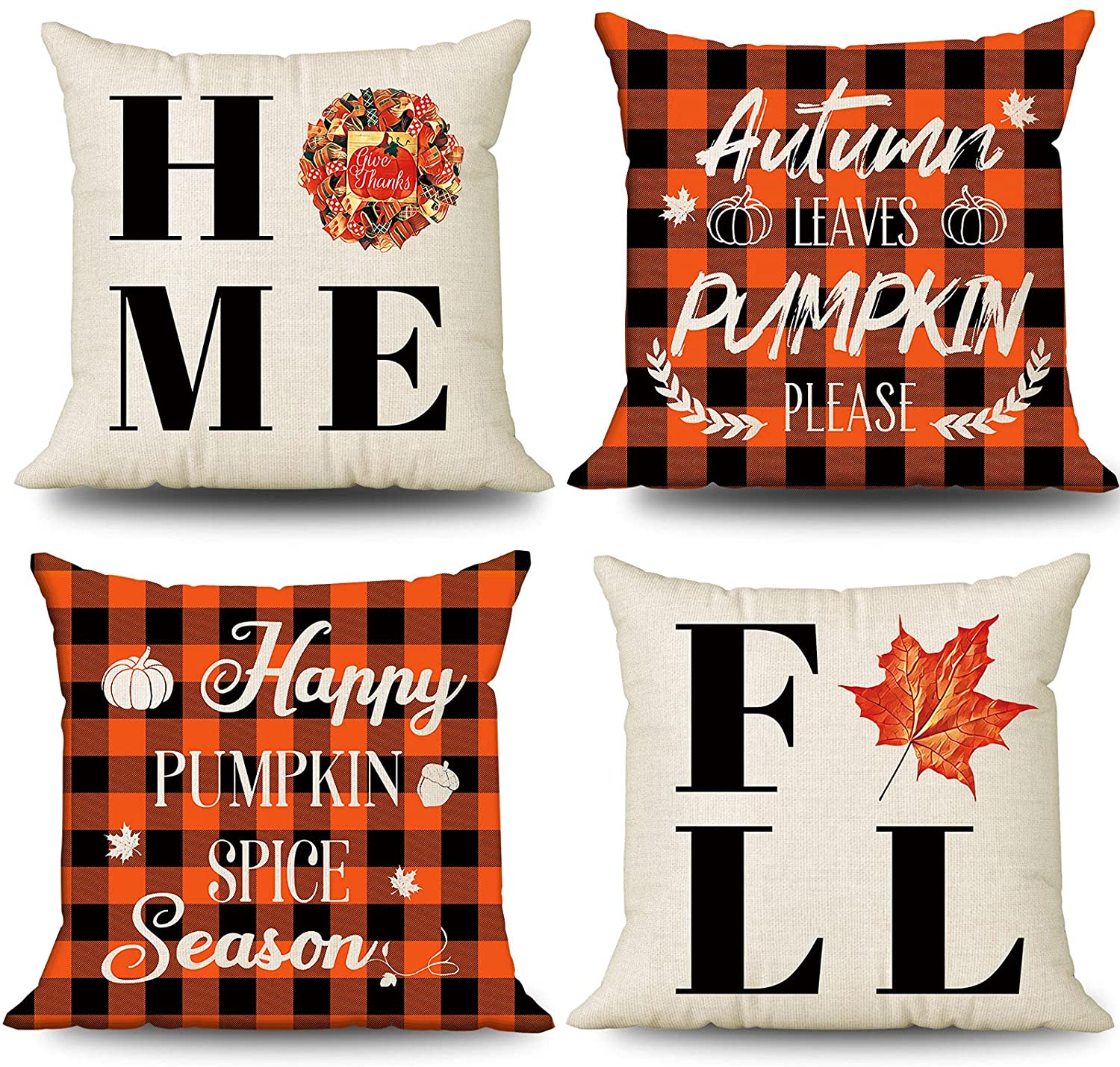  Fall Pillow Covers 18x18 Set of 4 for Fall Decor Buffalo Plaid  Pumpkin and Maple Leaves Outdoor Pillows Decorative Throw Pillows Farmhouse  Thanksgiving Decorations Autumn Cushion Case for Couch : Home