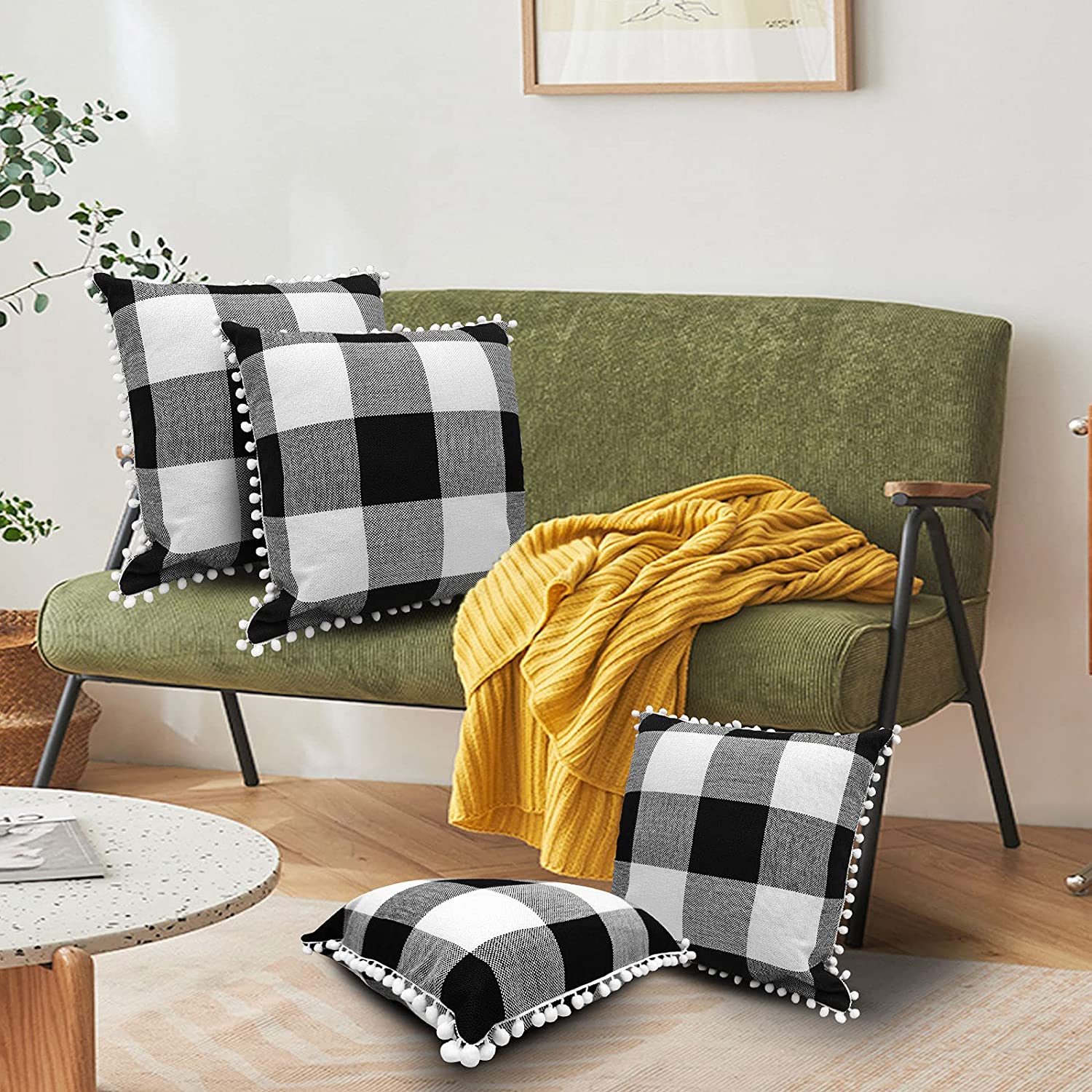 Set of 2 Buffalo Check Pillow Covers 18 x 18 with 2 Bonus Coasters (Black & White)