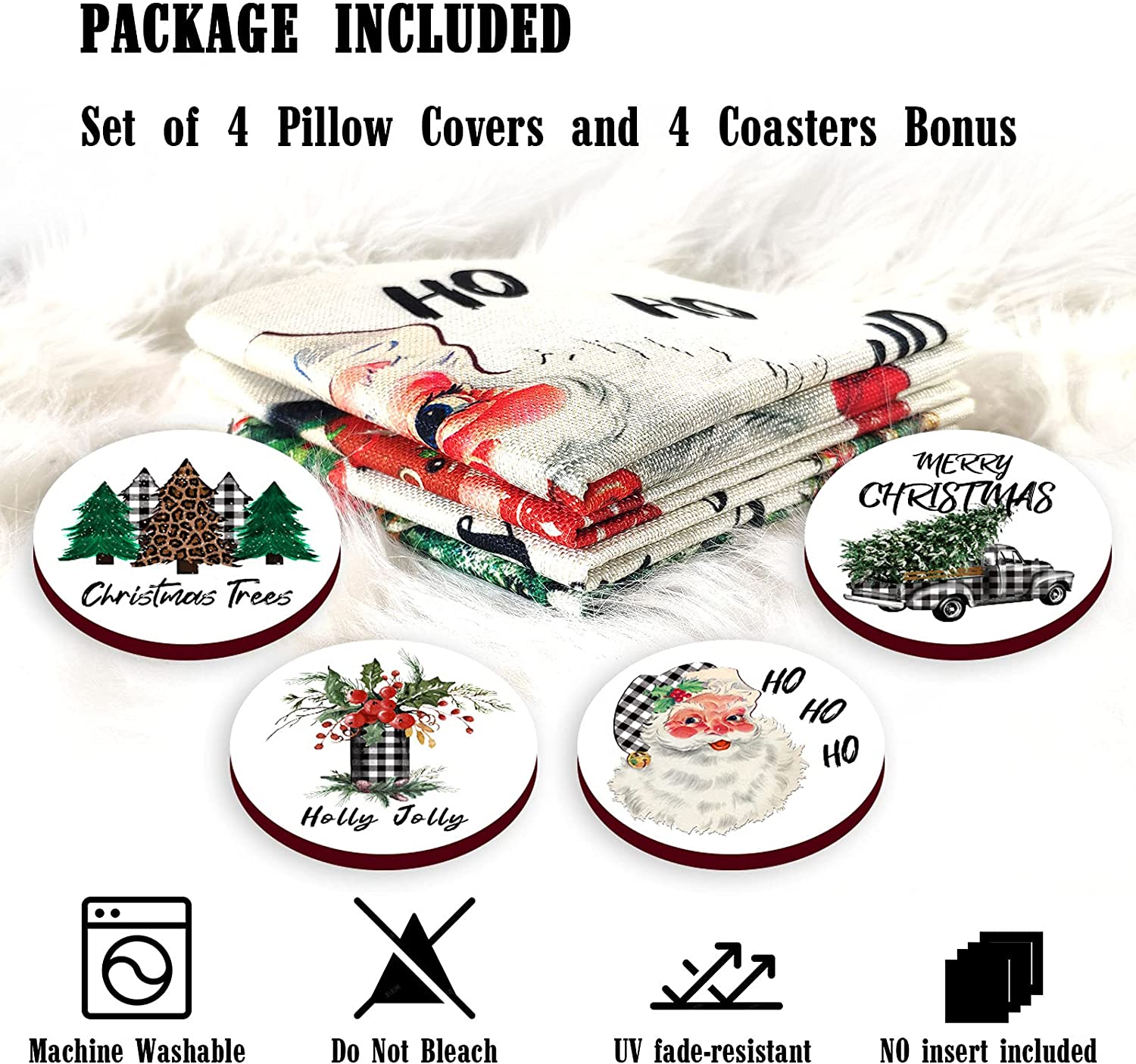 Set of 4 Christmas Pillows Covers 18 x 18 with 4 Bonus Coasters (Santa, Truck)