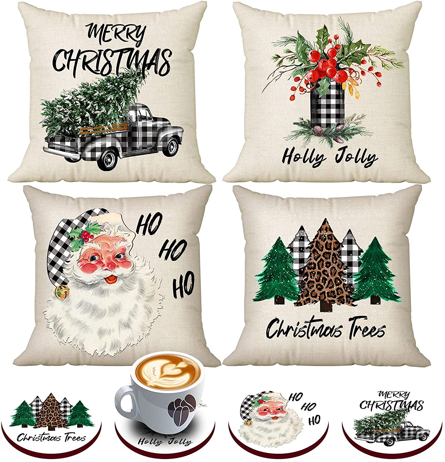 Set of 4 Christmas Pillows Covers 18 x 18 with 4 Bonus Coasters (Santa, Truck)