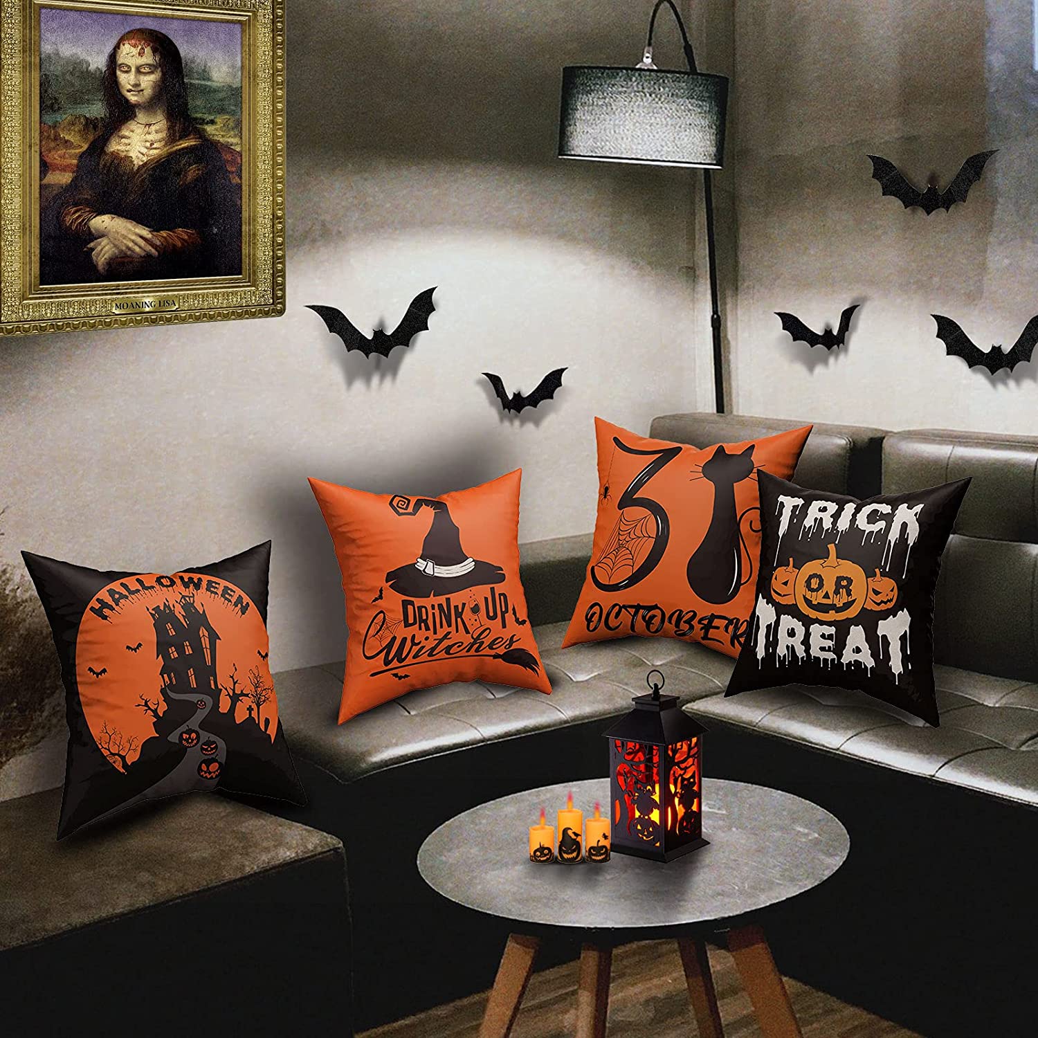 Set of 4 Halloween Trick or Treat Pillow Covers 18 x 18 with 4 Bonus Coasters (Black Cat, Castle)