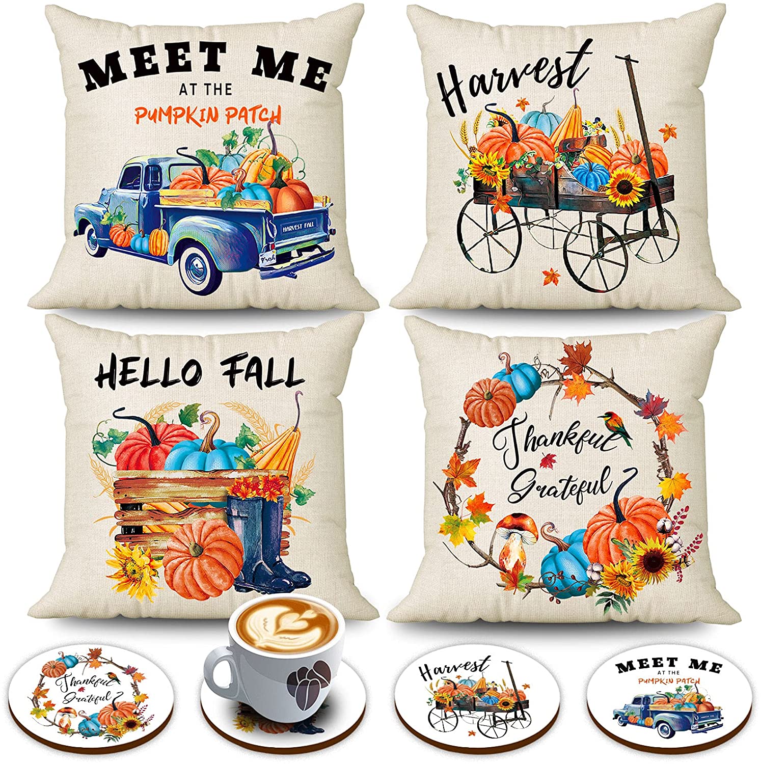 Set of 4 Hello Fall Pillow Covers 18 x 18 with 4 Bonus Coasters (Wreath, Truck)