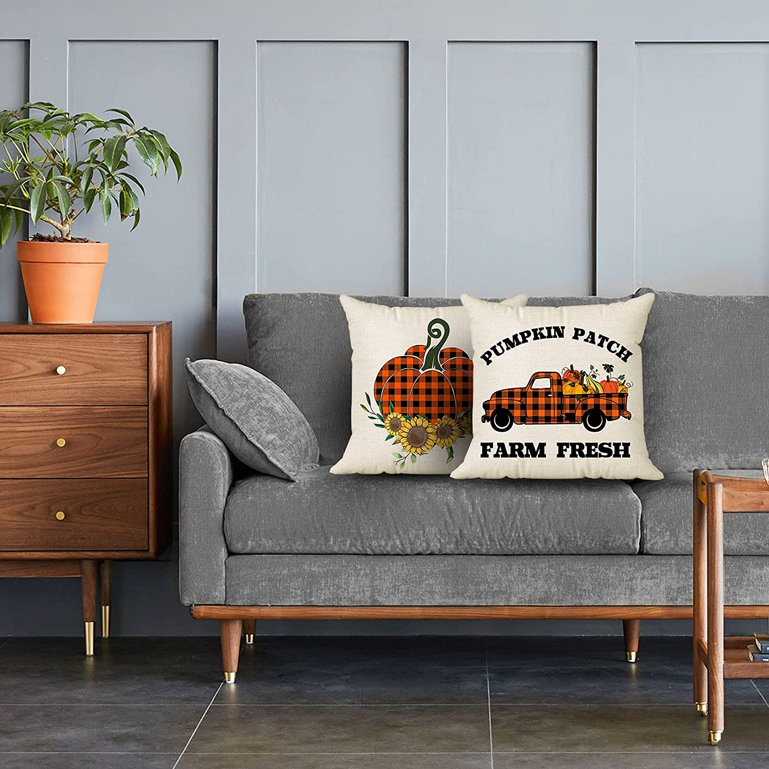 Set of 2 Farmhouse Fall Pillow Covers 18 x 18 (Check, Truck, Pumpkin)