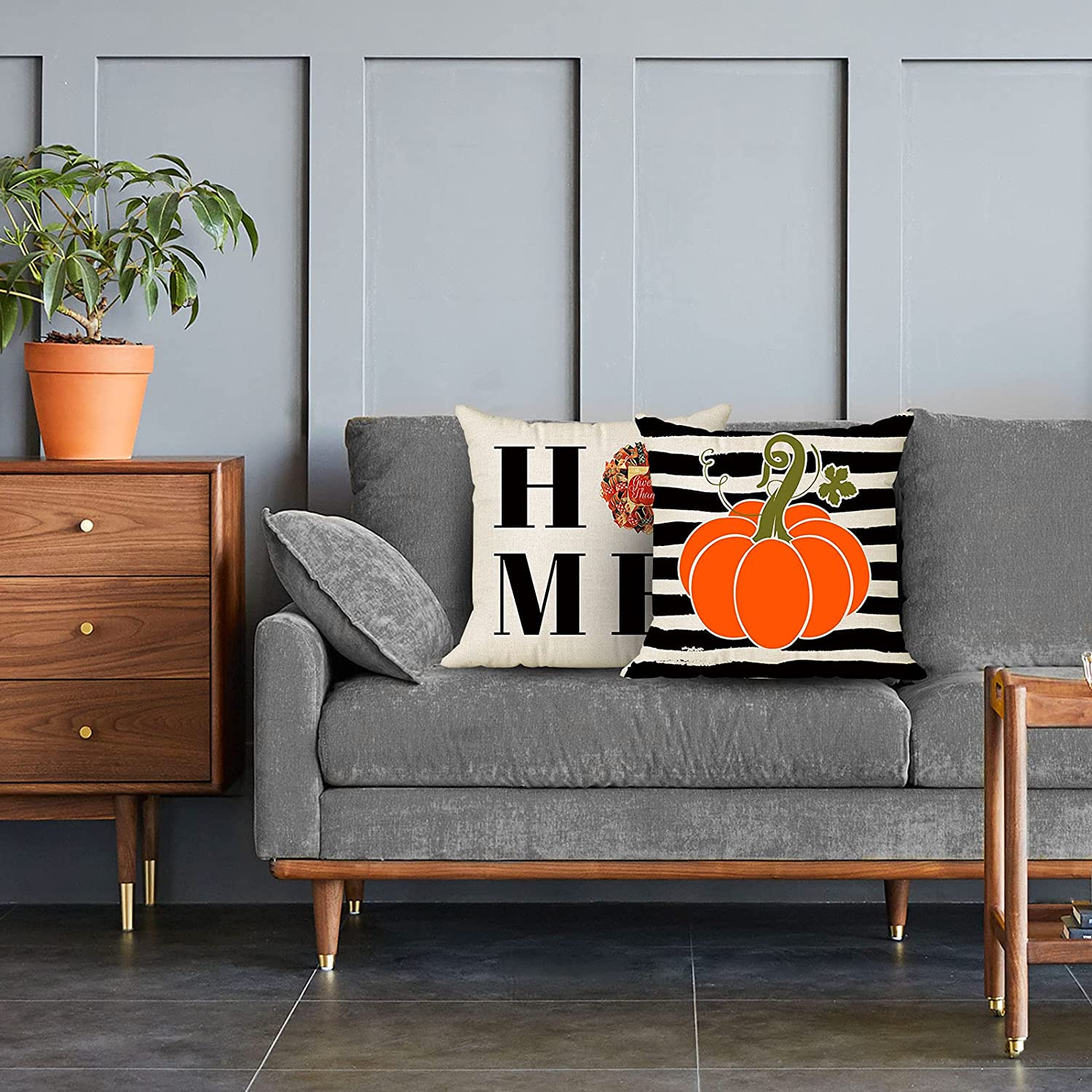 Set of 2 Sweet Home Decorative Pillow Covers 18 x 18 (Stripe, Pumpkin)