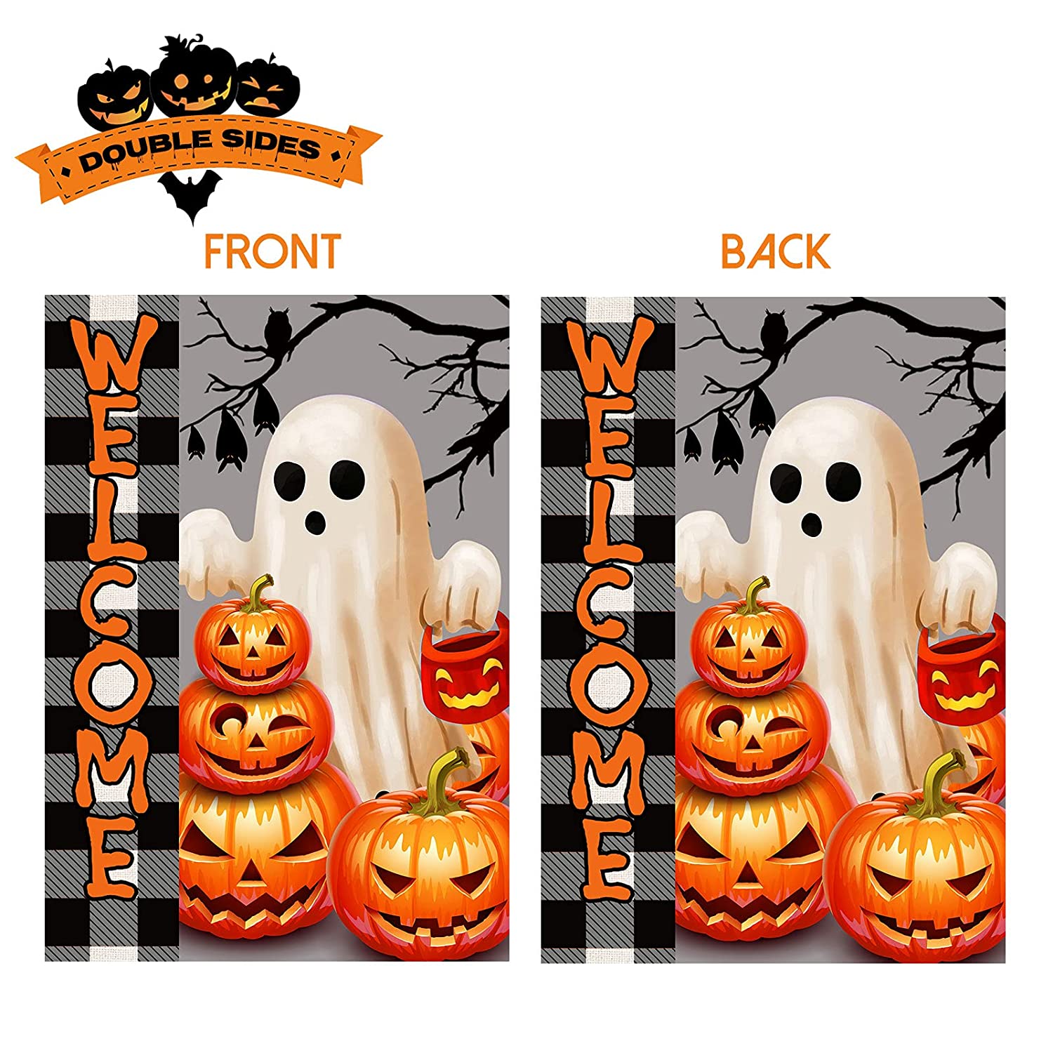 2 Pcs Halloween Garden Flags Double-Sided 12 x 18 (Ghost, Pumpkin)