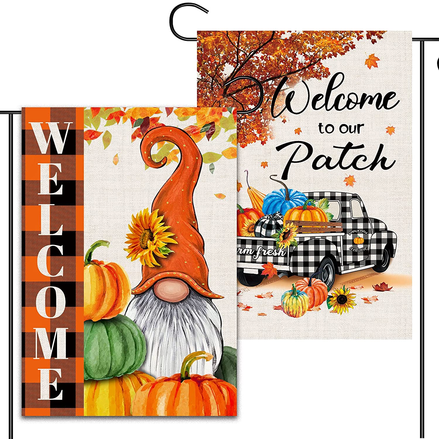 2 Pcs Harvest Fall Garden Flags 12x18 Double Sided, Burlap Buffalo Plaid Pumpkin Gnome And Maple Truck Thanksgiving Garden Flags, Rustic Farmhouse Outdoor Decorations Welcome Sign