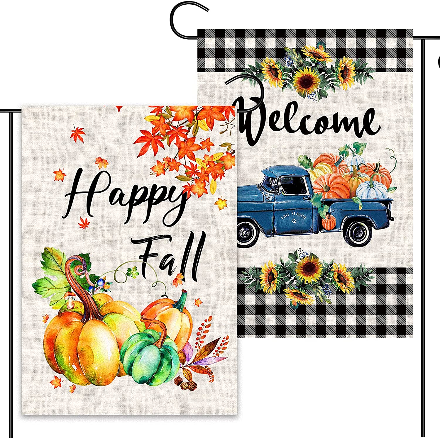 2 Pcs Double Sided Thanksgiving Fall Garden Flags 12 x 18 (Plaid, Truck)