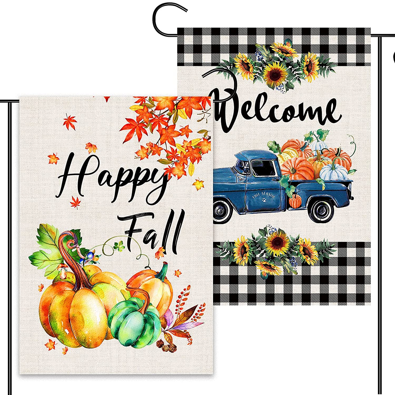 2 Pcs Double Sided Thanksgiving Fall Garden Flags 12 x 18 (Plaid, Truck)