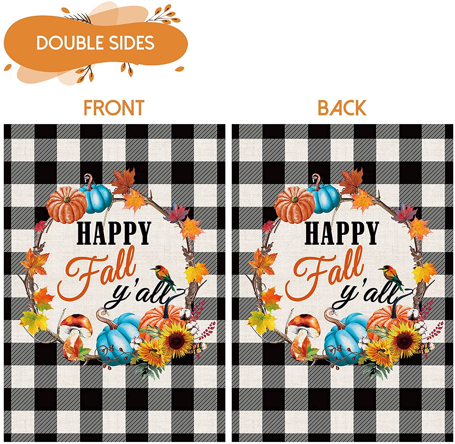 2 Pcs Welcome Fall Garden Flags Double Sided 12 x 18 (Plaid, Wreath)