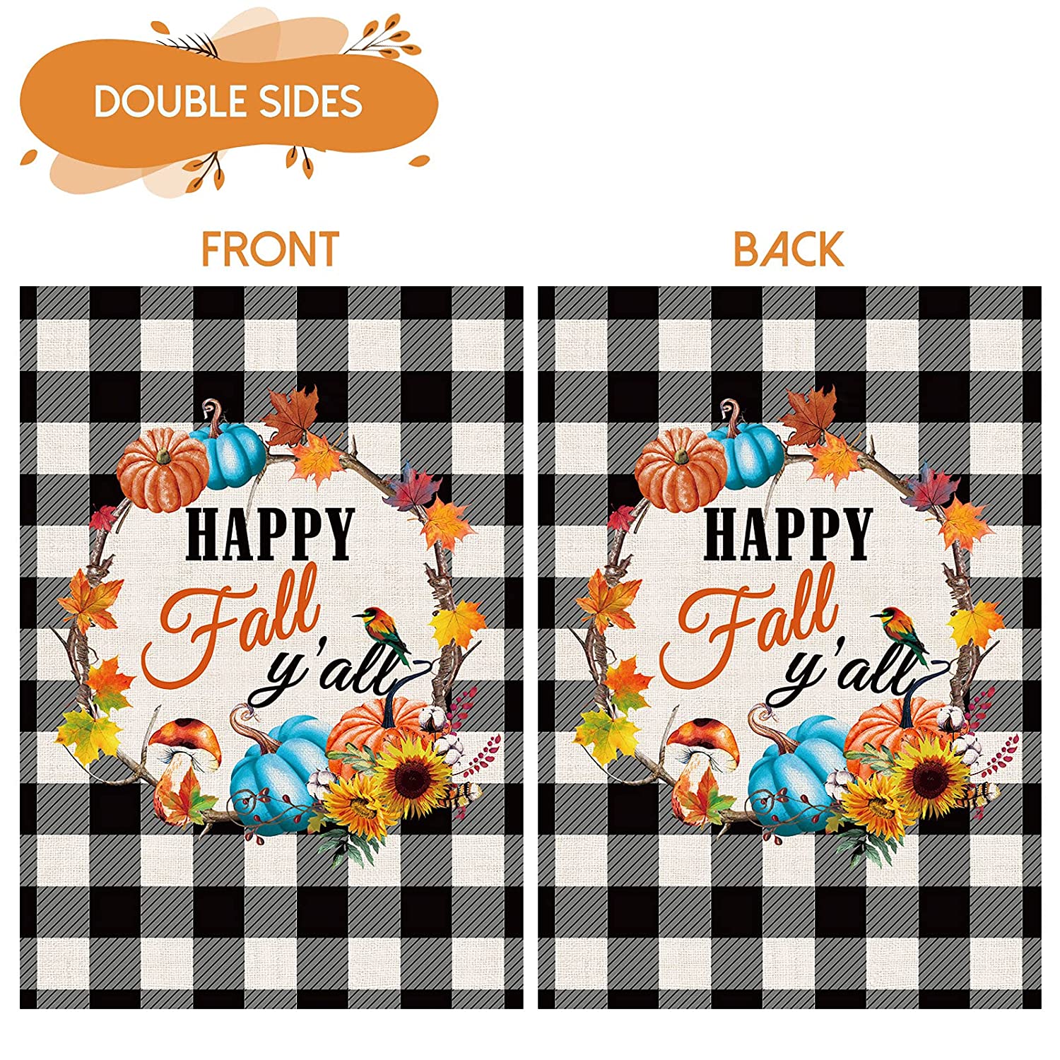 2 Pcs Welcome Fall Garden Flags 12x18 Double Sided, Burlap Harvest Pumpkin And Buffalo Plaid Happy Fall Y'all Wreath Thanksgiving Garden Flags, Outdoor Yard Decors for Pumpkin Patch Farmhouse