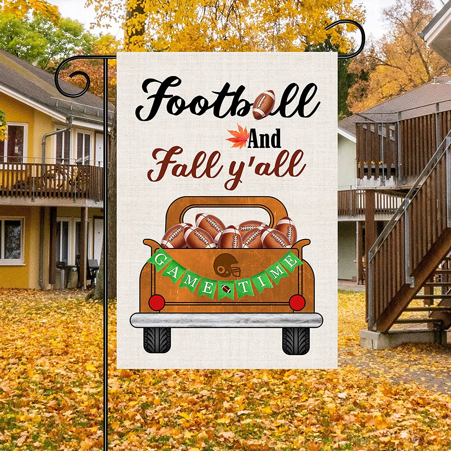 2 Pcs Football Fall Garden Flags 12x18 Double Sided, Burlap Football Farm Truck And Maple Leaves Buffalo Plaid Thanksgiving Garden Flags, Outdoor Yard Decorations for Football Fans Fall Gifts