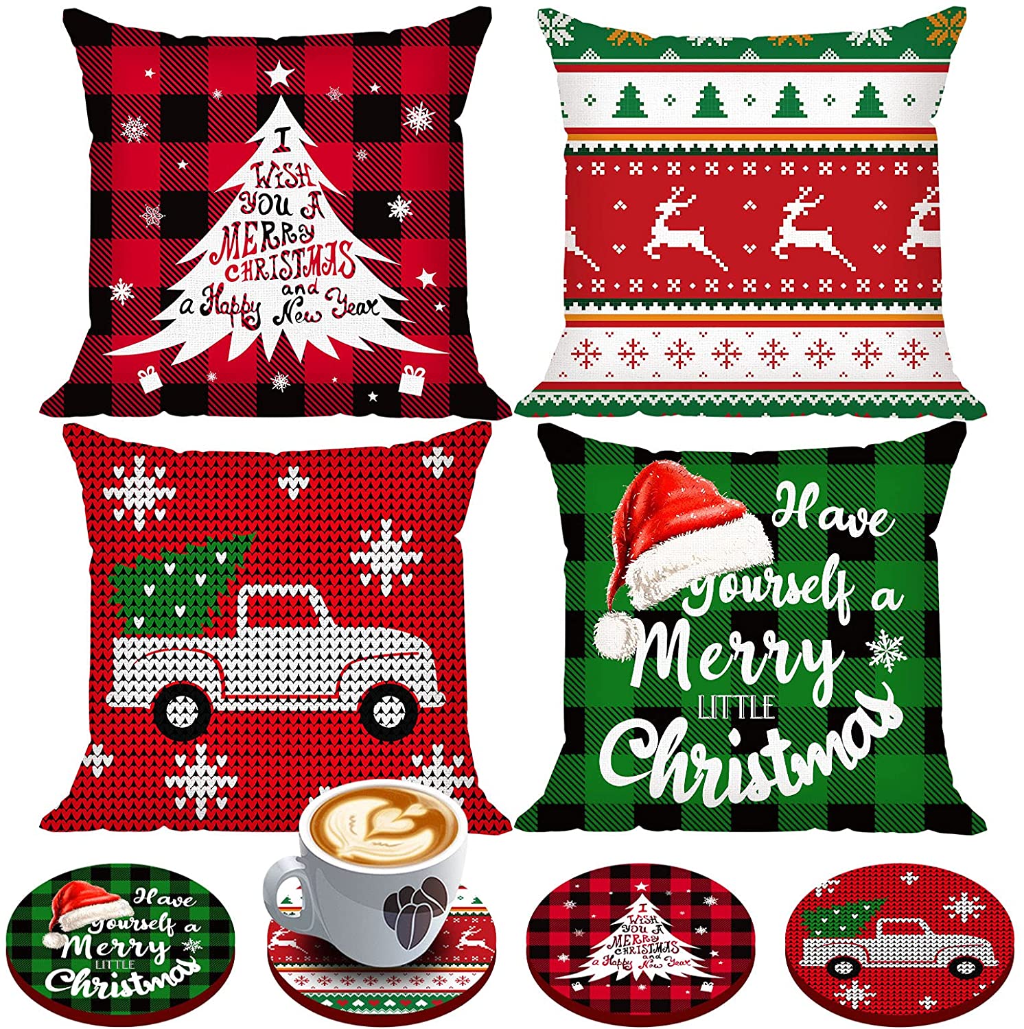 Set of 4 Buffalo Plaid Christmas Pillow Covers 18 x 18 with 4 Bonus Coasters (Truck, Deer)
