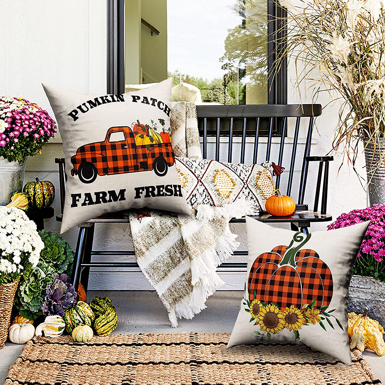 Set of 2 Farm Fresh Fall Pillow Covers 18 x 18 (Check, Truck, Pumpkin)