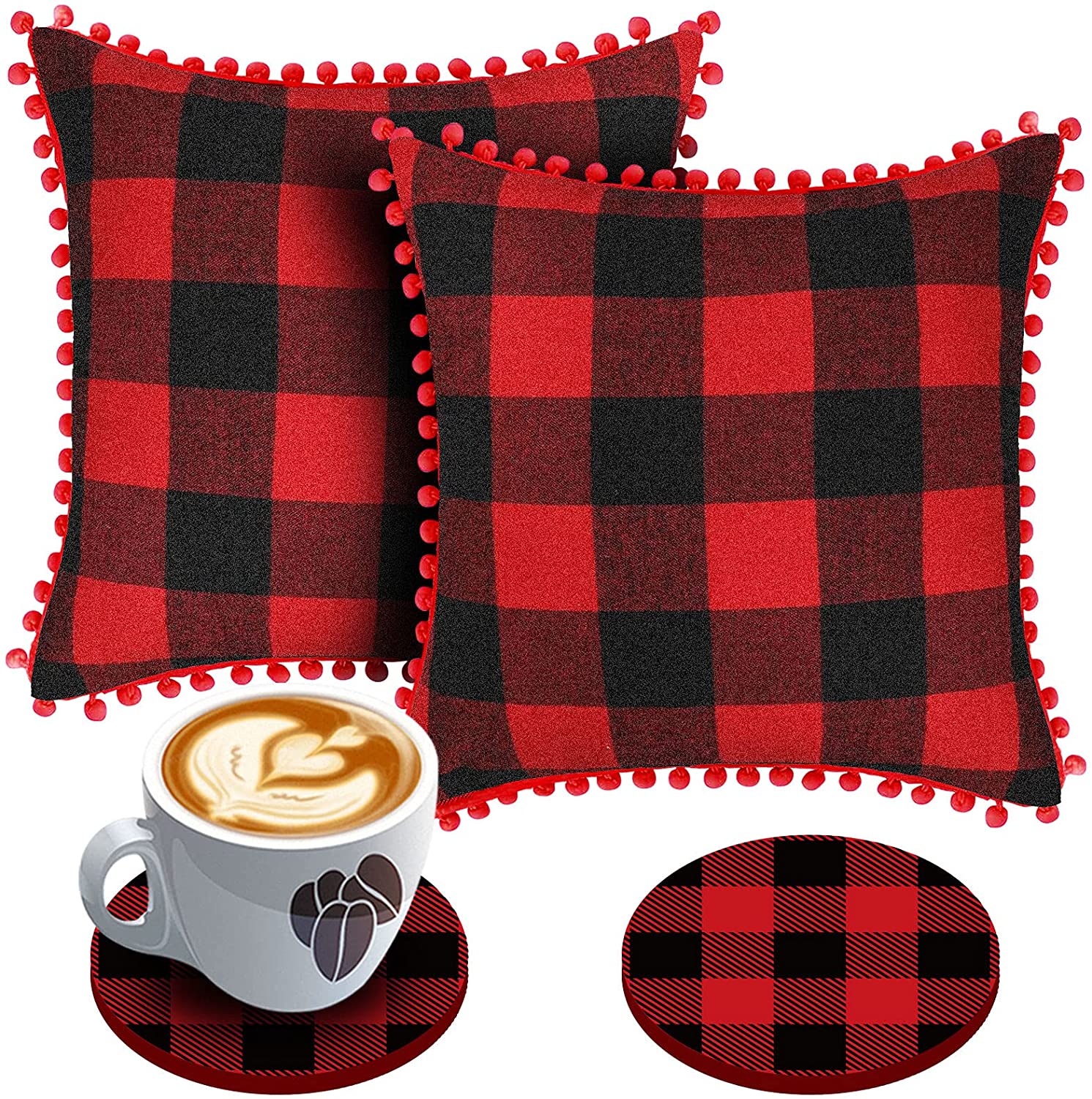 Set of 2 Farmhouse Buffalo Check Throw Pillow Covers 18 x 18 with 2 Bonus Coasters (Red & Black)