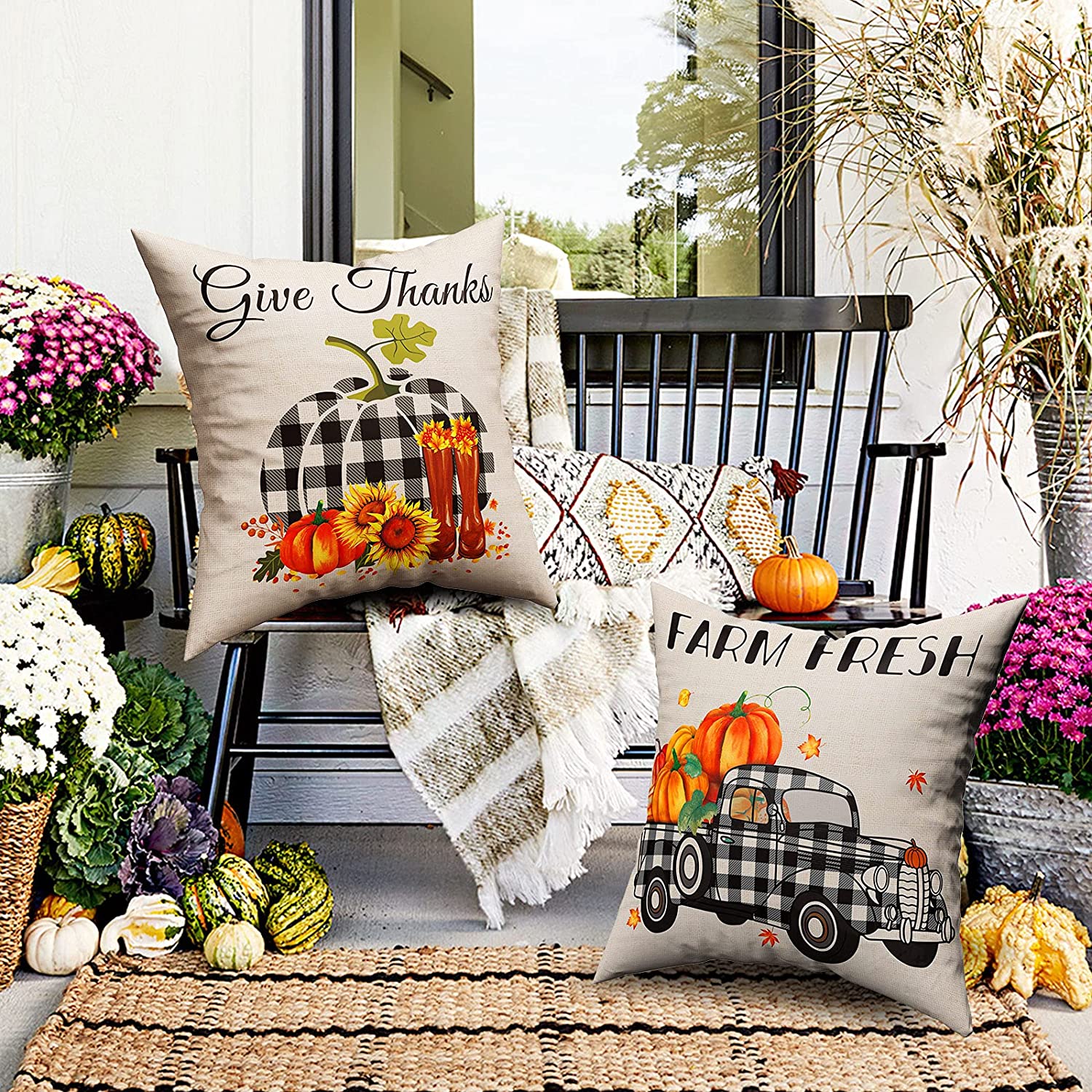 4 Pcs Happy Fall Decorative Pillow Covers 18 x 18 (Truck, Pumpkin)